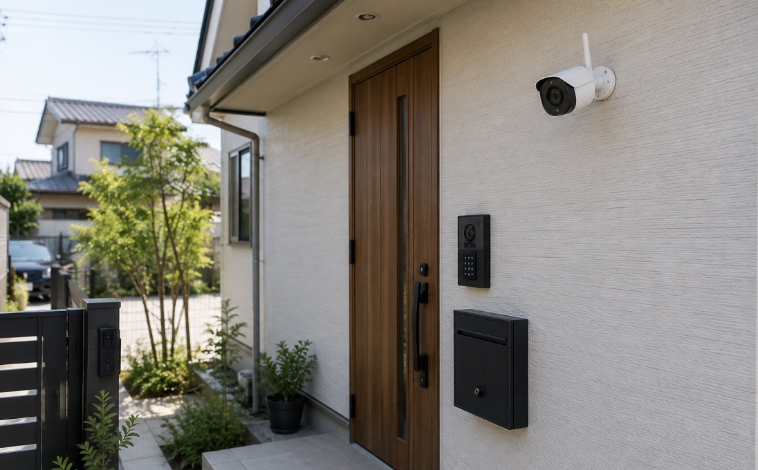 防犯カメラとスマートインターホンを設置した住宅玄関
